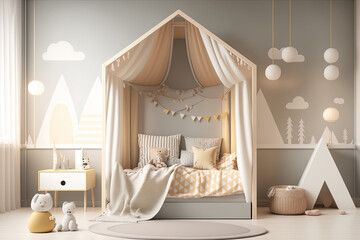 Interior mock up of a children's bedroom in a Scandinavian design with a wooden bed and soft hues, generative AI