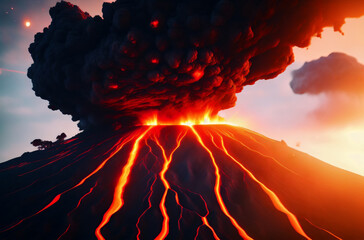 Erupting volcano. Big powerful explosion from volcano. Generative AI.