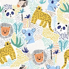 Seamless childish jungle pattern with funny animals, hand drawn and tropical florals. Perfect for fabric,textile. Creative Vector background - 577946421
