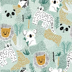 Wandcirkels tuinposter Seamless childish jungle pattern with funny animals, hand drawn and tropical florals. Perfect for fabric,textile. Creative Vector background © solodkayamari
