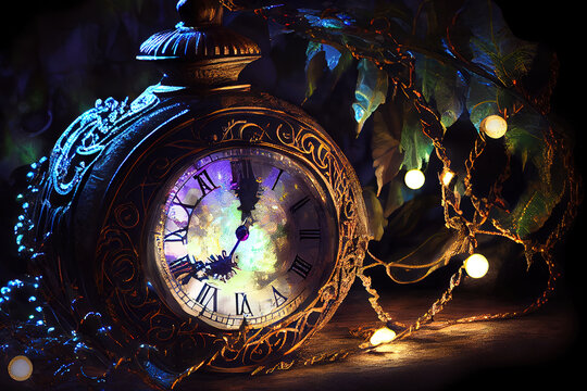 Amazing New Year's at midnight - Old clock and holiday lights. Generative Ai
