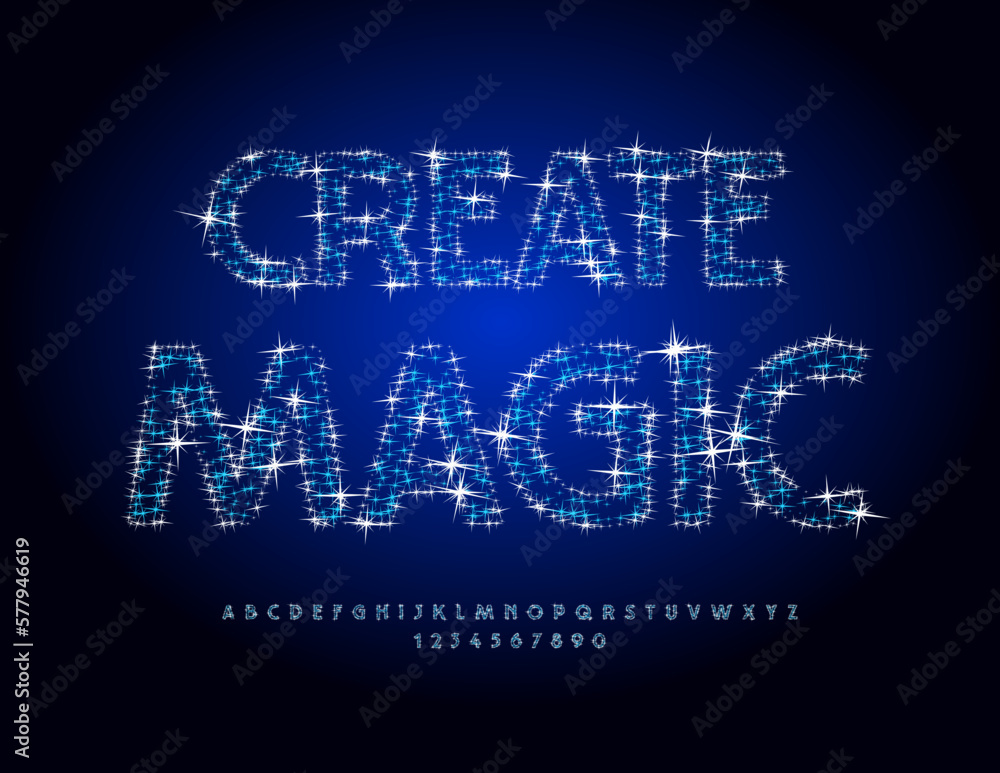 Poster vector inspirational poster create magic. sparkling stars font. creative alphabet letters and number