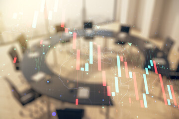 Abstract virtual crisis chart illustration on a modern conference room background. Global crisis...