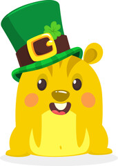 Cartoon happy hamster character wearing st patrick's hat with a clover. Vector illustration for Saint Patrick's Day. Party poster design.