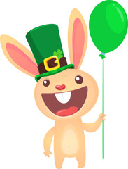 Cartoon happy bunny rabbit character wearing st patrick's hat with a clover and holding green balloon. Vector illustration for Saint Patrick's Day
