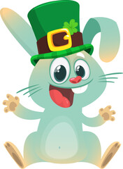 Cartoon happy bunny rabbit character wearing st patrick's hat with a clover. Vector illustration for Saint Patrick's Day