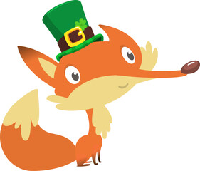 Cartoon funny fox wearing st patrick's hat with a clover. Vector illustration for Saint Patrick's Day. Party poster design