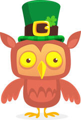 Cartoon funny owl wearing  St Patrick's hat with a clover. Vector illustration for Saint Patrick's Day. Party poster design