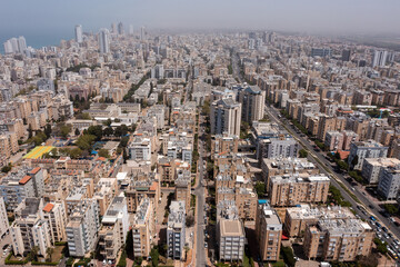 Netanya, Aerial view of the city skyline and coastline buildings
