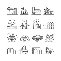 Industrial buildings related icons: thin vector icon set, black and white kit - obrazy, fototapety, plakaty
