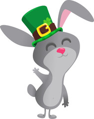 Cartoon happy bunny rabbit character wearing st patrick's hat with a clover. Vector illustration for Saint Patrick's Day