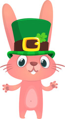 Cartoon happy bunny rabbit character wearing st patrick's hat with a clover. Vector illustration for Saint Patrick's Day