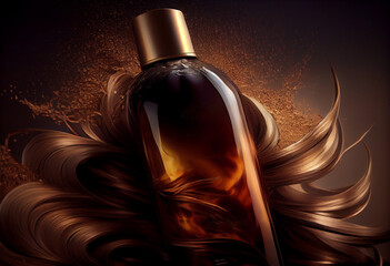 spa hair care concept. Shampoo bottle in lock curl of hair on dark background. Hair care cosmetics bath beauty products hair treatment. AI Generated