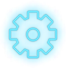 Blue illuminated neon light icon sign gear wheel setting