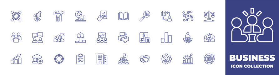Business line icon collection. Editable stroke. Vector illustration. Containing teamwork, vision, leadership, analysis, approved, open book, forecast, bc, impact, justice, group, online, and more.