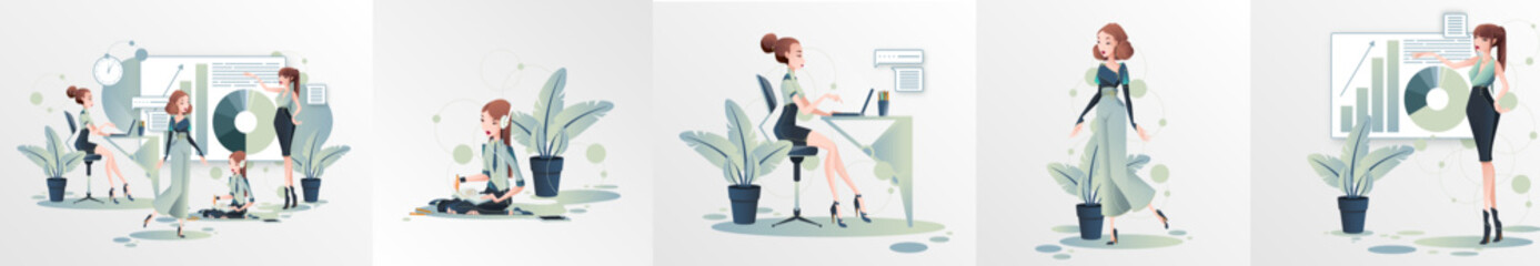 women working in the office, illustration set, Set of business woman, office worker character