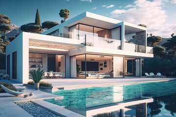 Luxury property with pool and terrace in contemporary style, large family vacation home of new residential structure, generative AI
