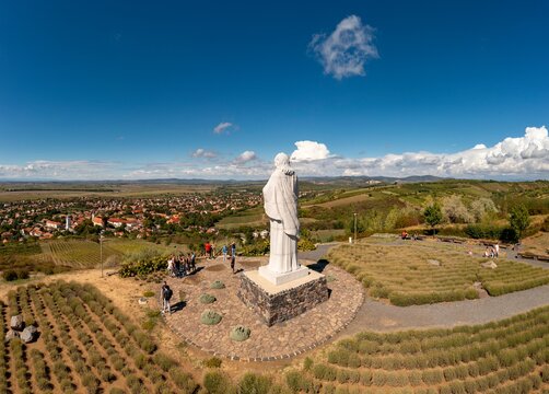 Giant statue of the Blessing Jesus Christ in Tarcal, Zemplen, Religious monument in Tokaj wine region, Hungary.