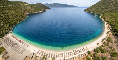 Aerial view of the Antisamos beach on Kefalonia island, Ionian island, Greece - 577949418
