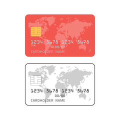 Credit card with world map, isolated on white background. Realistic style. Highly detailed mock up of red credit cards. Front and back. Vector illustration EPS 10.