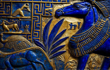 Ancient Egyptian Secrets , Gold, Royal Blue and Black, Mosaics. Generative AI 