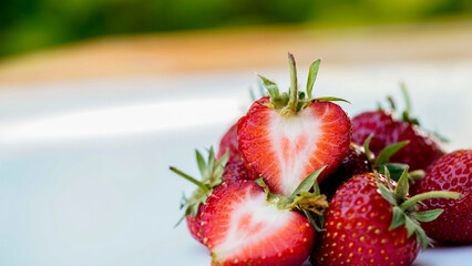 Red strawberries on white wooden table