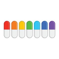 Single medical capsule isolated on white background. Capsule pill in realistic style. Medicine drugs or tablets icon different colors. Vector illustration EPS 10.