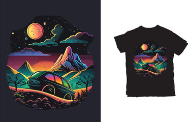 Retrowave skyview Alien Car mountain and Sunset Tshirt