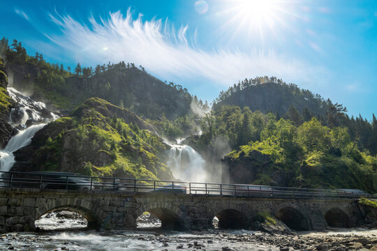 Latefossen is one of the most visited waterfalls in Norway and is located near Skare and Odda in the region Hordaland, Norway. Consists of two separate streams flowing down from the lake Lotevatnet.