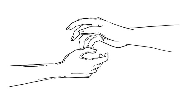 Sketch of two human hands reaching towards each other in close-up. Black ink graphic elements. Hand drawn footage. Outline concept. Monochrome clip-art. Animation with alpha channel