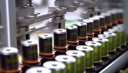 Lithium-ion Battery cell manufacturing production line. Generative AI. - obrazy, fototapety, plakaty