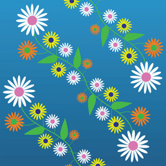 floral background with colorful daisies and leaves on a blue background. Vector illustration