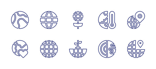 Earth line icon set. Editable stroke. Vector illustration. Containing planet earth, website, global, globe grid, love, world, plant, geography, geolocation.