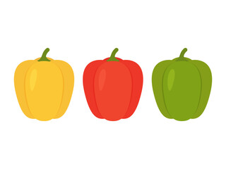 Yellow, red and green bell peppers isolated on white background. Vector illustration.	