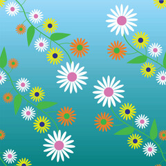 Seamless floral pattern with colorful daisies on lite sky background. Vector illustration.