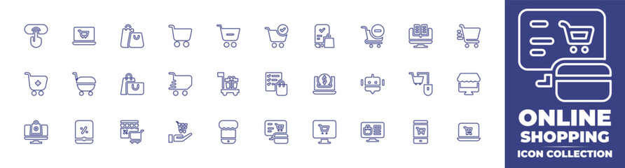 Online shopping line icon collection. Editable stroke. Vector illustration. Containing buy, ecommerce, shopping bags, shopping cart, cart, purchase, remove from cart, online store, trolley, and more.
