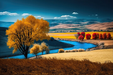 autumn landscape with river. Generative AI image.