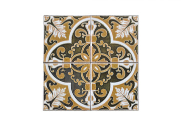 Pattern of traditional Portuguese tiles in green and gold colors, with flower draws, leafes and round shapes