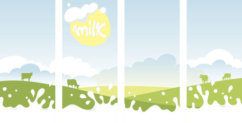 Fototapeta premium Abstract rural landscape with cows and milky river. Packaging for dairy products. Vector illustration, fields and meadows 