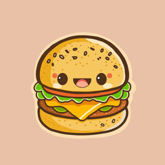 Pattern with Сartoon cute smiling Burger on pink background. Perfect content for wallpaper, postcards, posters, fabric, napkins and other creative projects. American BBQ Burger. 
