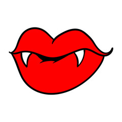 Vampire bite and kiss illustration. Red lips with vampire teeth. Vampire lips for Gothic design. Comic style. Vector illustration isolated on white background.