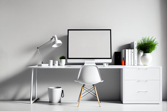 Stylish workspace with computer mockup screen on home or studio, AI Generated