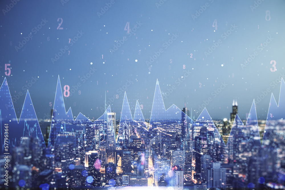 Poster multi exposure of abstract virtual graphic data spreadsheet sketch on chicago cityscape background, 
