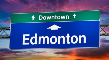 Road sign indicating direction to the city of Edmonton - obrazy, fototapety, plakaty
