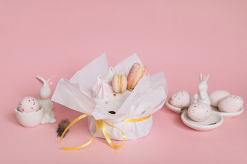 easter cake surrounded with eggs and flowers