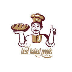 Baker portrait with bread showing thumbs up, best baked goods lettering