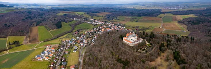 Aerial view of the village and castle Baldern in Germanyon a sunny day in late winter