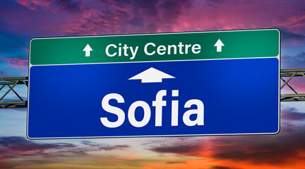 Road sign indicating direction to the city of Sofia