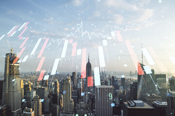 Abstract virtual crisis chart illustration on New York city skyline background. Global crisis and...