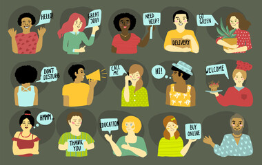 Group of happy multiethnic people with speech bubbles - welcome, hi, go green